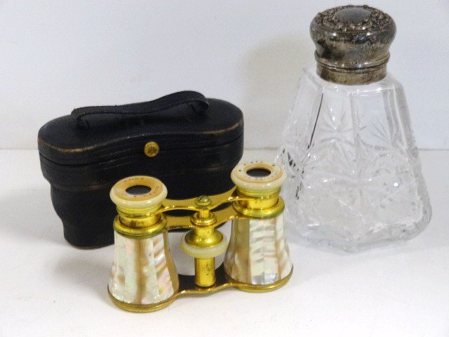 Cut Glass Perfume Bottle and Opera Glasses: Sterling topped cut glass perfume bottle w/monogram 5 in., Queen & Co. pearl opera glasses 2 1/2 in. in original case
