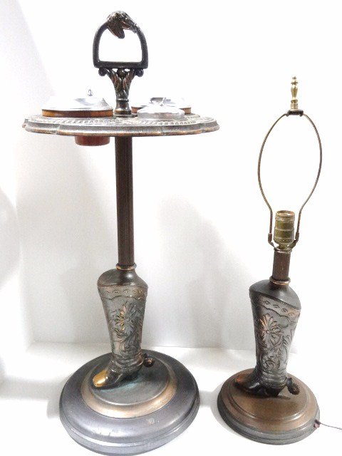 Western Motif Smoking Stand and Lamp: Unusual smoking stand, horsehead handle above tray, with four wells decorated with western motifs over cowboy boot support on pedestal base 27", missing insert and lid, plus cowboot boot decorated tab