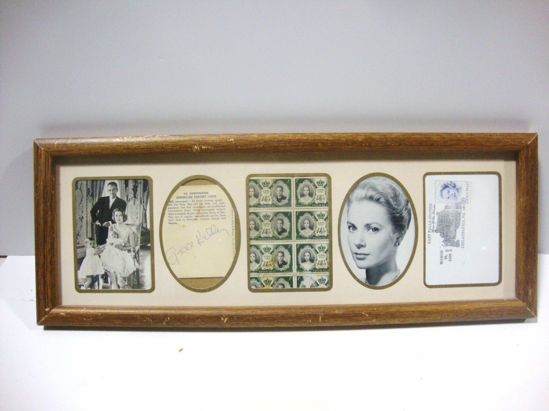 Grace Kelly Memorbilia and Autograph: Autographed ticket from S.S. Constitution steam ship, a page of 8 stamps from Monaco, 2 photographs & U.S. stamp canceled w/Grace Kelly's home