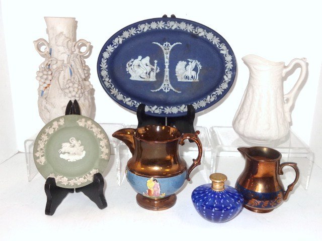 Wedgewood & Luster Lot: Blue Wedgewood Plate, two luster pitchers, , blue art glass perfume bottle, Parian vase. 7 pieces