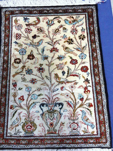 Small Oriental Rug: 35 x 23" Silk Wall Hanger with vines and birds Beautiful rug