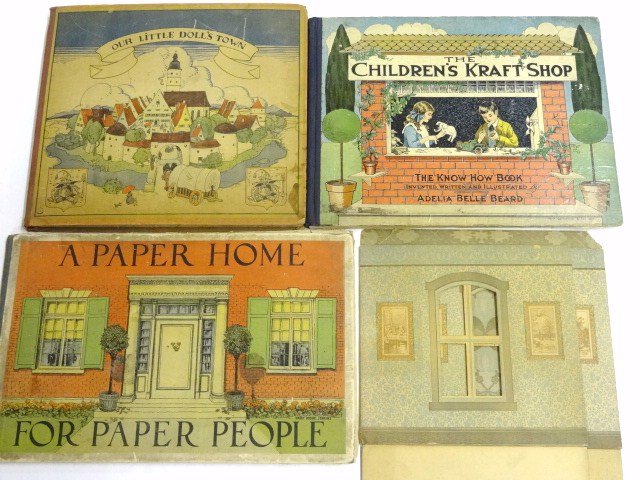 Paper Doll Books: A Paper Home for Paper People by Harry Dodge Jenkins, The Children's Kraft Shop, Adelia Belle Beard, Our Little Doll Town all show wear, 16 x 10 in. largest