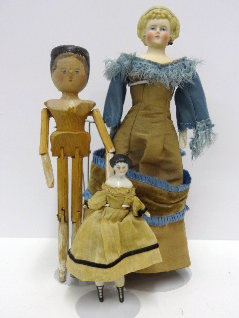 China Head Doll, Peg Wooden, & Parian Doll: Wonderful Parian head Doll with Great Head Band, and vintage clothing , Bisque arms and legs, dress is as is 13 in., Small 7 in. all China Doll with vintage clothing , and 12 in. Peg Wooden doll no cl