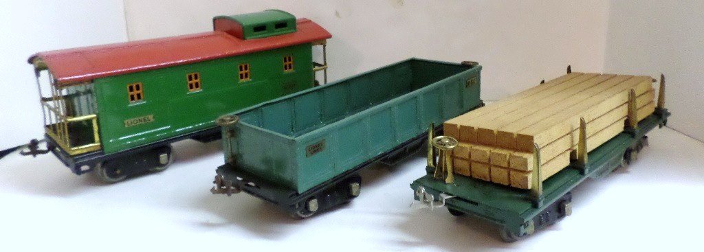 Lionel Standard Gauge Freight Cars: Three Lionel Standard gauge freight cars, #512 gondola, lumber car, #517 caboose