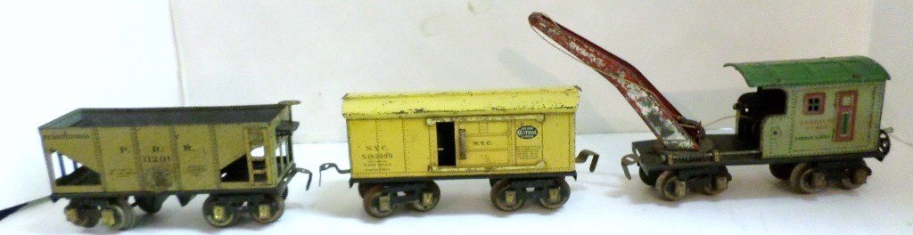 Lot 3 Dorfan Freight Cars: Three Dorfan freight cars, NYC box car, PRR hopper, Derrick car,