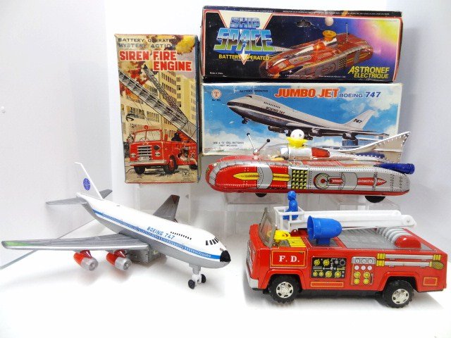 Three Tin Toys with Original Boxes: Lot of 3 tin toys all with original box, Mystery Siren Fire Engine made in Japan, Ship Space, & Jumbo Jet Boeing 747
