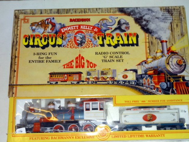 G Gauge Circus Train Set: Bachmann G gauge radio control circus train, includes engine, tender, flat car (w/circus cart cages & animals), coach, track, transformer, operating headlight, original box