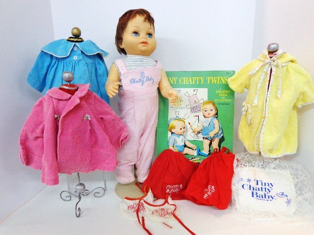Mattel Chatty Baby: Mattel 17 in. Chatty Baby w/large assortment of original clothing, includes Whitman coloring book which has been used