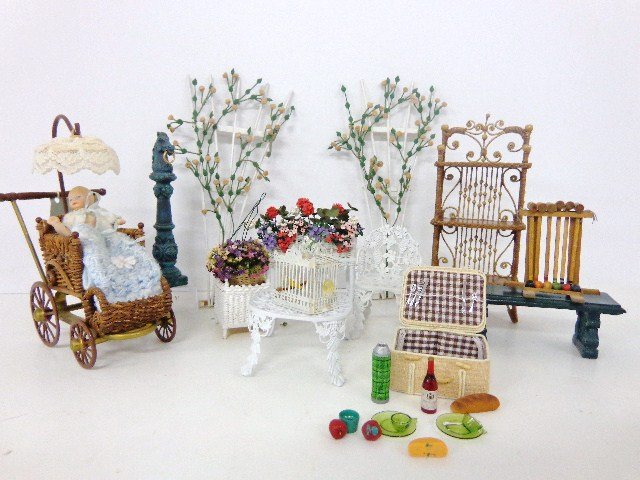 Dollhouse Garden Scene: Wonderful Artist Made wicker by P. Taylor, and one McCurley, Metal Victorian Chair and table, Bench, Horse Post, Wicker Bookcase Rea, Ruemeli Wicker Coach and Baby, etc. and Trellis, etc. add the picn