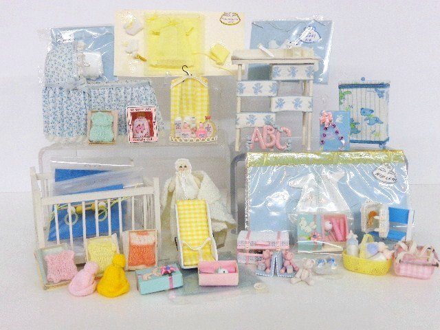 Dollhouse Baby's Room Accessories: Bassinet, hamper, playpen, changing table, car seat, supplies, clothing, toys, baskets & so much more, all artist items, many unmarked, Margaret Gains 1984 knitted sweaters, largest is bassinet 3 in.,