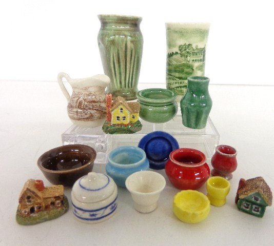Dollhouse Miniature Jean Tag Pottery: Two umbrella stands, 1 3/4 in. largest, bowls, pitcher, vases, most signed Staffordshire House, 16 pieces
