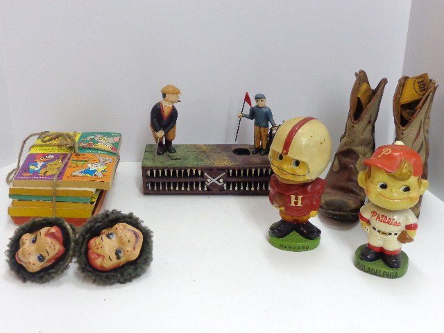 Vintage Character Toys: Howdy Doody, Bobbleheads, Bank: Phillies bobblehead, Harvard football bobblehead, children cowboy boots, golf bank, Howdy Doody ear muffs, Golden Key Mini Books
