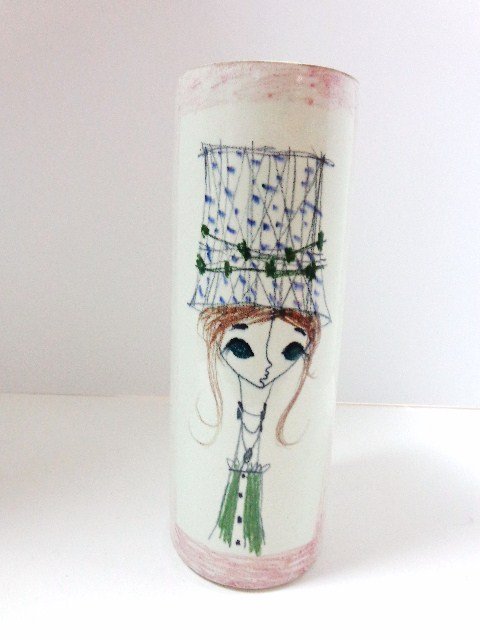 1960's Italian Art Pottery Vase: Ceramic art pottery vase w/hand painted stylized painting of woman w/large eyes & extravagant hat, signed V.41/B Italy, different woman on front & back, 10 in. (H), 3 1/2 in. (DI)