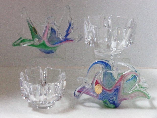 Two Murano Free Form Bowls and Pair Orrefors Crystal: Four bowls, Murano Lavorazione bowl w/pink, green & blue swirling 8 in. (DI) & similar piece 7 1/4 in. (W) could be used for letters or napkins, & beautiful heavy crystal bowls signed Orrefors, 2 diff