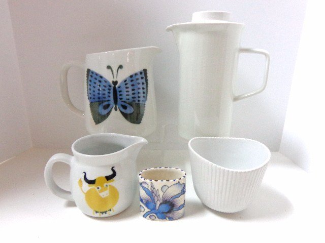 Five Pieces European Art Pottery: Arabia Finland pitcher w/butterfly decoration 6 1/2 in. (H) w/crazing to glaze, Arabia Finland pitcher w/cow decoration 4 in. (H), Bursleyware Charlotte Rhead, England vase w/floral decoration 2 3/4 i