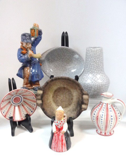 Group European Pottery: Ovoid jug & bowl by W.K., crackle glaze vase & bowl w/ashtray signed Karlsrule Dutch style figurine mold # 3/04 & woman toothpick holder signed Leksand, tallest is 9 in.