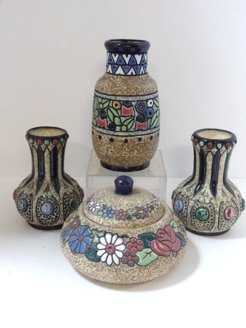 Amphora Pottery Lot: Four pc. Amphora pottery lot, pair matching vases incised & set w/enameled jewels 4 3/4 in. x 3 1/4 in., bowl w/lid incised polychrome flowers 4 in. (H) x 5 1/2 in. (W), & vase w/incised bird & flower