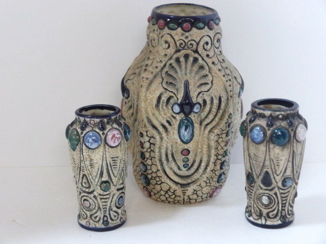 Amphora Pottery Lot: Three pcs. Of Czech Amphora pottery, pair of diminutive vases 5 1/2 in. (H) x 3 in. (W), large vase 9 in. (H), all 3 pcs. w/incised designs & enameled jewels on a natural background