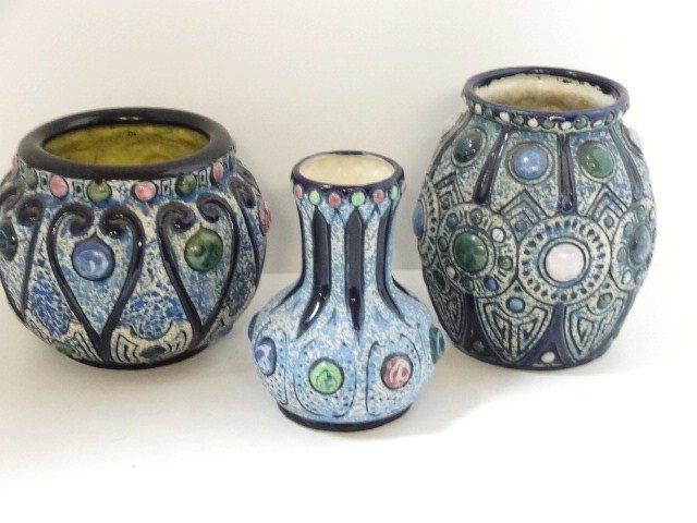 Three Pieces Ditmar Urbach Amphora Pottery: Lot of 3 pottery vases by Ditmar Urbach, all 3 signed Made in Czechoslovakia Amphora, 5 1/4 in. (H) vase mold # 11953, vase 4 1/4 in. (H) vase 4 3/4 in. (H) mold # 11953, all w/multi-color cabochon st