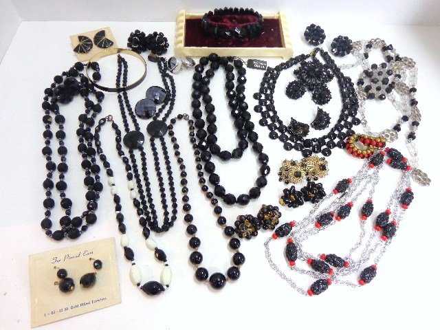 Black Rhinestone Jewelry: Grouping black rhinestone jewelry, beads, earrings, bracelets & more