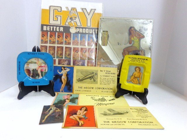 Pin-up Advertising: Pin-up razor blades, Big Gay Products Atlanta 12 x 9 in., 2 tin ashtrays, 3 Earl Moran advertising blotters, glass thermometer advertising 9 x 8 in.
