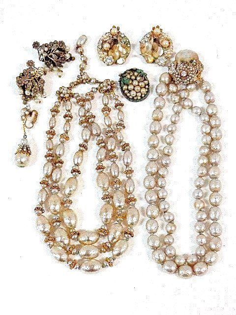 Miriam Haskell Necklace: Two signed Miriam Haskell necklaces, unmarked earring, cap & extra earring