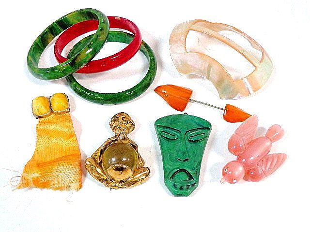 Jelly Belly Pin, Other Plastic Items: Thief of Bagdad jelly belly brooch by Korda, shell buckle, Bangle bracelets, etc.