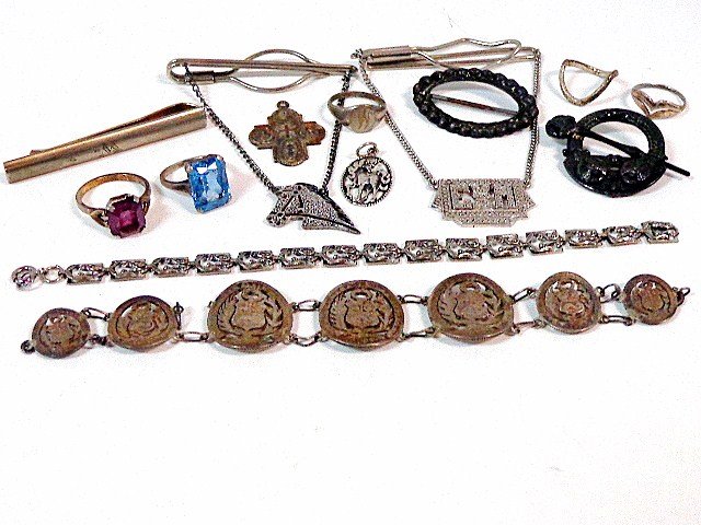 Lot Sterling Jewelry: Sterling Marcasite horse tie bar, Marcasite initial tie bar, Danecraft bracelet, rings, etc.
