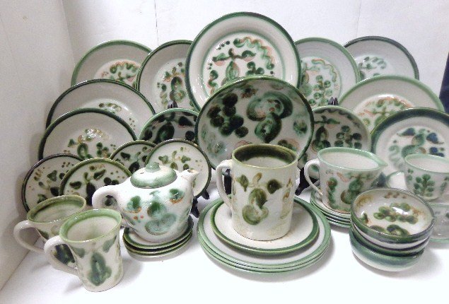 Large Lot M.A. Hadley Pottery: Large lot of 44 pcs. M.A. Hadley pottery, 13 in. large plate, 11 in. dinner plates (9), 8 in. bowls (2), 11 in large bowl, 6 1/4 in. tea pot, 6 1/4 in. pitcher, 13 in. plates, 7 cups & 13 serving dish