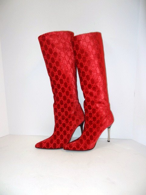 Gucci High Boots: Red brushed velvet boots w/impressed G's, silver heels, size 7B, heels 2 3/4 in.