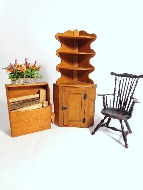 James Ison Primitive Furniture: Country pine corner cupboard by James Ison 1977 6" H, a black painted Windsor armchair by the same artisan and a George Hoffman Shaker wood bin.