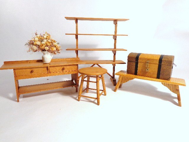 Hoffman Shaker Furniture: George Hoffman Shaker worktable 2.5" H, 5.5" W and a small round table by the same artist. Also Shaker shelves by Mark Hoffman, an oak bench by the Spireks and a dome-lid trunk.