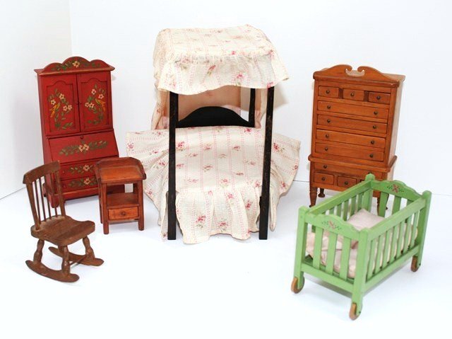 Vintage Bedroom Furniture: Very sweet homemade canopy bed made from cigar box mahogany 7" H, 4" W, 6.5" L upholstered with a charming sprigged dotted Swiss bedspread and canopy very similar to a Tynietoy bed (some tiny holes), 