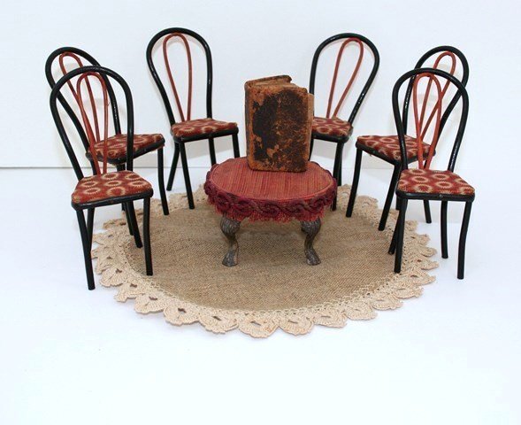 Antique Bentwood Chairs: A set of six matching bentwood balloon-back chairs with original upholstered seats 4.5" H, an upholstered pin cushion footstool and a very worn and loose 1816 Bible history with wear to corners of pag