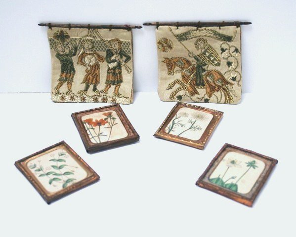 Maynard Manor Tapestries: A pair of medieval tapestry wall hangings originally from the collection of John and Ellen Blauer 3.5" H and W, and four old daguerreotype frames with pictures of wildflowers, a little faded.