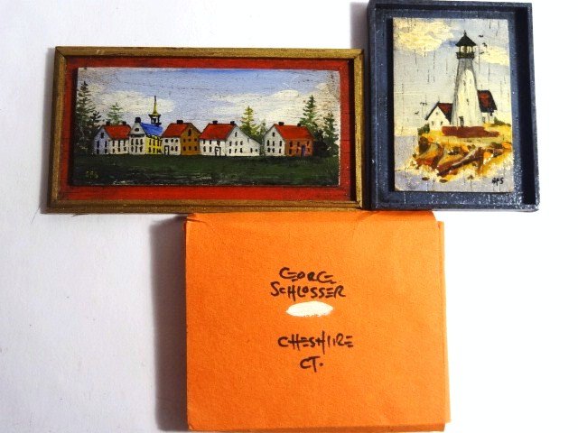 Schlosser Paintings: Two primitive paintings by George Schlosser: a townscape 1.75" H, 3.25" W, and a lighthouse view.
