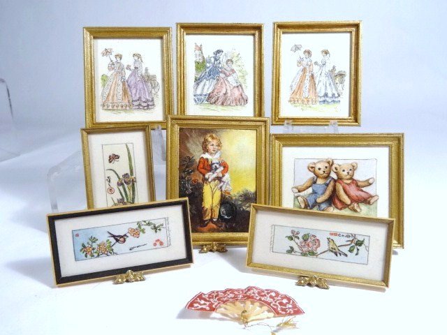 Marjorie Adams Pictures: A hand-painted oil replica of "Master Simpson" 2" H, 1.75" W, three hand drawn Godey Lady's prints, three Japanese prints, a painting of teddy bear pals and a folding fan, all done by hand by Marjorie