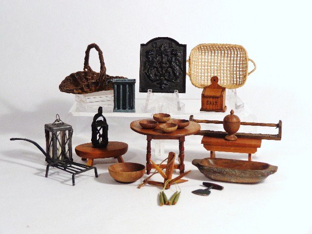 Carl Anderson Stools: Two footstools by Carl Anderson, small bowls signed JHB, baskets, a nice wrought iron gridiron, fireback 1.75" H, chopping bowl with chopper - nice group of country accessories.