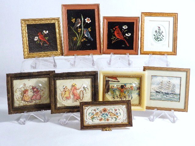 Three-dimensional Artwork: Three Kate Greenaway dimensional pictures by Ann Scholl, a Jane Conneen print 1.75" X 2", three avian paintings by Jeanne Reifel, a marine painting by Beckwith and a watercolor by Stephens.