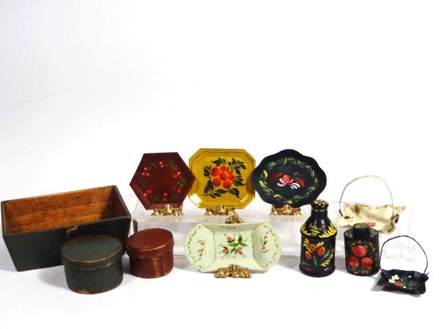 Mary Grady O'Brien Toleware: Half-inch scale painted trays, two with handles, and tea caddies by Mary Grady O'Brien. A painted box (missing handle) 1.5" L and two pantry boxes by Barbara Davis.