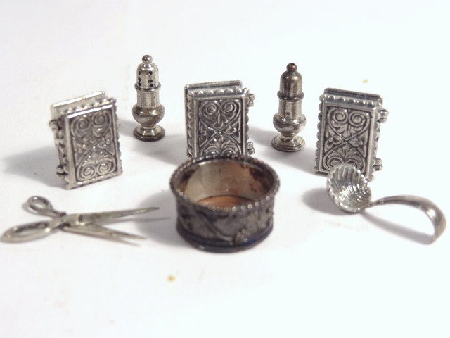 Vintage Silver: A rather lovely wine coaster with repousse' sides 1/2" diameter, unmarked salt and pepper, scissors, a ladle marked sterling, and three jewelry boxes.