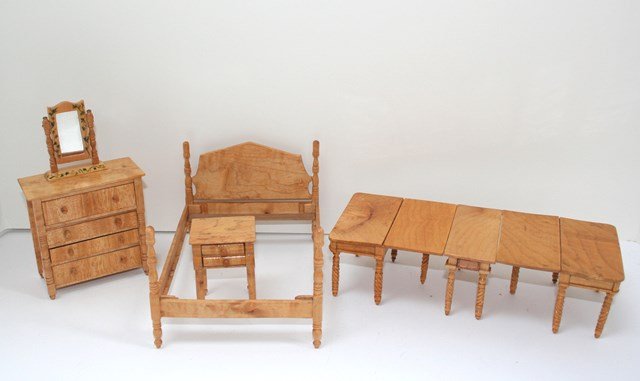 Artisan Empire Furniture: Iridescent maple bedroom suite comprising a bed 4" H, 5" W, 7" L with a handsome Empire dresser and nightstand and a sectional table with nicely carved legs, just under 9" L and 3.5" W when opened. Th