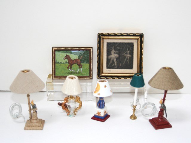 Artisan Table Lamps and Artwork: Five electrified decorator lamps, tallest 3" H, one signed by Sally Dohrnan, a hand-painted equestrian painting and a numbered etching of dancers.