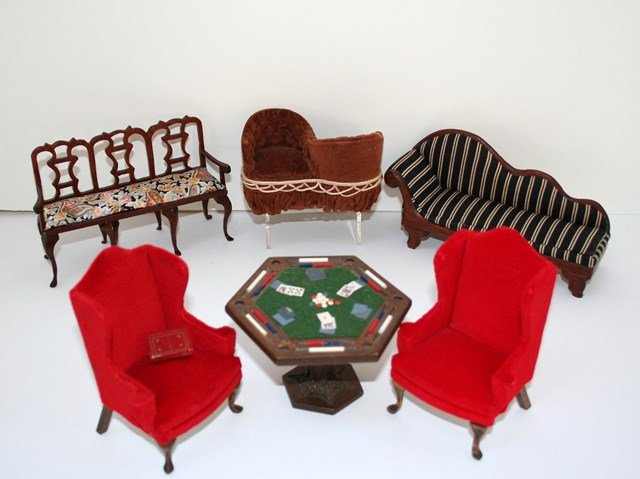 Artisan Furniture: Nic Nichols Tete-a-tete, a pair of wing chairs by Susan Hoeltge, a Chinese Chippendale settee by RW Burns, an unsigned mahogany recamier 3" H, 6.25" W and a poker table by RAE. A book is lightly glued
