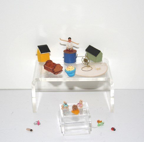 Teeny Tiny Minis: Truly tiny items including a mechanical ballerina by Hannah Roet 1" H, tiny houses, doll, pull-toy, teddies, candle, perfumes, Christmas ornament, cradle, bowl of popcorn. Some items appropriate for h