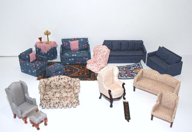 Half-scale Traditional Furniture: Group of half-inch scale furniture in traditional style, most signed by Susan Hoeltge, but also a Bespaq camelback loveseat 1.5" H and 2.5" L and some accessories.