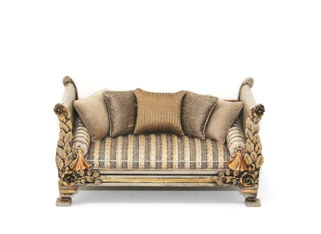Ray Whitledge French Daybed: Stunning decorator daybed with patinated finish applied to gilt metal decoration, and handsomely upholstered with pillows glued in place. So Whitledge! 3.25" H, 6.5" L.