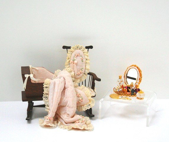 Walton - Williamson Cradle Chair: Made by Nicole Walton Marble and dressed by Judee' Williamson in 1992, an excellent companion to the preceding lot, a Windsor style combination cradle and chair beautifully upholstered with quilted ba