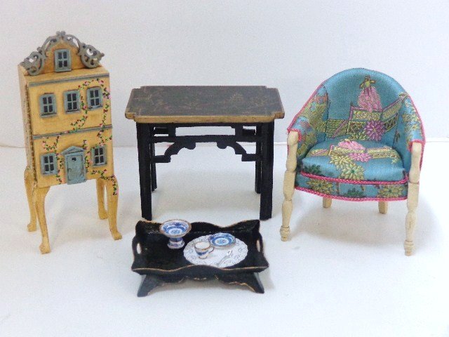 Robert Bernhard Furniture: A pretty bergere upholstered in blue patterned silk 2.75" H, a lacquered table 2.25" H, 3" L, both by Robert Bernhard, a LE cabinet house on stand signed JM #9 of 30 4" H, and a papier mache footed tr