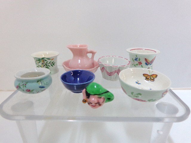 Debbie McKnight Bowls: Pretty bowls and cachepots by Debbie McKnight including several decorated with butterflies painted by Nancy Warner. Ruffled bowl 1/2" H. Also a pretty pink pitcher and bowl and Toby mug by another art